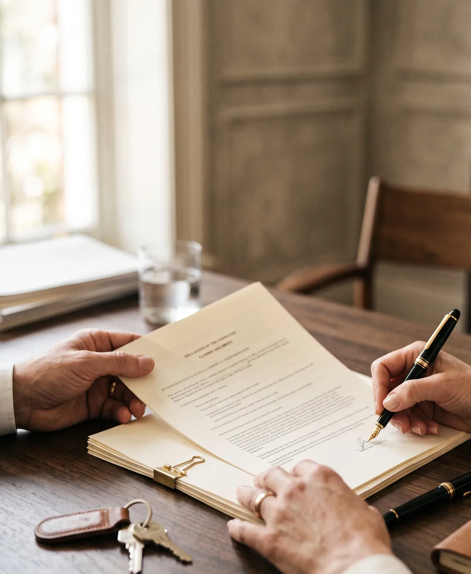 A closer walking a client through closing documents at the table before signing